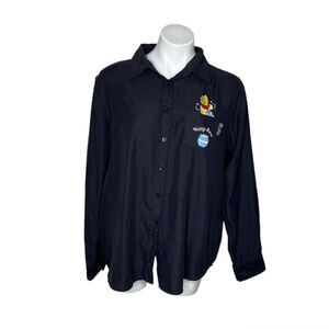 DISNEY Winnie The Pooh Black Button Up Shirt Honey Lover Polyester Size XL